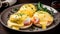A plate of eggs benedicts with ham and cheese. Generative AI image.