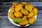 Plate of Egyptian fresh mango fruit with tropical delicacy, mangoes are nutritionally rich fruit with distinctive flavor, smell,