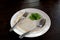 Plate empty trash food and Leaves of green vegetables on a plate of rice, plate fork and spoon