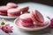 Plate featuring delectable pink macarons alongside pink flowers. AI-generated.