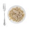 Plate of fettuccini with chicken on a white background