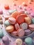 A plate filled with lots of colorful macarons. Generative AI image.