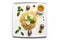 a plate filled with pasta topped with mushrooms and eggs as well as herbs