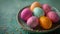 Plate filled with vibrant Easter eggs. Colorful Easter eggs arranged beautifully.