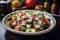 A plate filled with a vibrant and refreshing assortment of olives, tomatoes, cucumbers, and feta cheese, A vibrant Greek salad