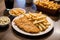 A plate of fish and chips with a bottle of ketchup in the background. Generative AI