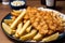A plate of fish and chips with a bottle of ketchup in the background. Generative AI