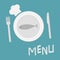 Plate with fish, fork, knife and chefs hat. Menu card. Restaurant food dish. Flat material design style. Blue background.