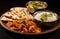 a plate of food with bowls of salad and a bowl of rice