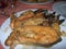 Plate of food, breaded salmon