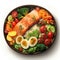 A plate of food containing salmon, eggs, broccoli and tomatoes.