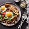 A plate of food on a table with a fork and knife, a portrait with eggs, and a color scheme of white, gray, and salad.