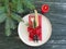 Plate, fork, knife, candle, holiday dining celebration serving branch menu of a Christmas tree on a dark wooden background