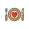 Plate, fork and knife with heart . Serving a romantic dinner thin line icon. dishes with heart color vector illustration