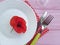 Plate fork knife red poppy menu summer