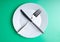 Plate fork knife stop on green background