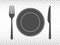 Plate with fork and knife on transparent background. Lunch concept in flat design. Restaurant icons. Tableware set on