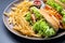 Plate with french fries and hot dogs on table