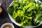 Plate fresh green salad flax seeds dark wooden background Diet food