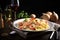 plate of fresh, linguine with shrimps in white wine sauce