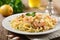 plate of fresh, linguine with shrimps in white wine sauce