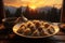 A plate of freshly cooked dumplings with a beautiful mountain sunset in the background