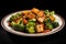 A plate of freshly cooked vegetable stir fry with tofu and broccoli, dieting, vegan food