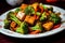 A plate of freshly cooked vegetable stir fry with tofu and broccoli, dieting, vegan food