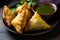 plate of freshly made samosas with a steaming hot and spicy vegetable filling, garnished with mint and coriander chutney