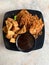 A plate of fried beancurd, tempe (bean cake) and spicy soy sauce