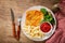 Plate of fried breaded chicken meat or Schnitzel with french fries and salad