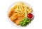 Plate of fried breaded chicken meat or Schnitzel with french fries and salad isolated on white background