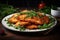 A plate of fried chicken schnitzel with arugula on a wooden table