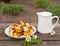 Plate of fried homemade cheese paneer with milk - country meal