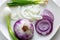 Plate full of chopped onions with sweet onions, mexican onions and green onions on a white plate on the kitchen table