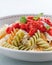 Plate of fusilli with tomato sauce