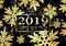 Plate with a gold frame, with metal numerals. 2019 new year. Large shiny snowflakes, glare, flashing lights.