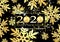 Plate with a gold frame, with metal numerals. 2020 new year. Large shiny snowflakes, glare, flashing lights.