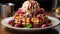 A plate of gourmet desserts raspberry waffle, strawberry pancake, chocolate sauce generated by AI