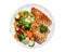Plate of grilled chicken with vegetables on wite background, top
