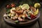A plate of grilled shrimp and veggies topped with fresh herbs and lemon. (Generative AI)