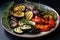 A plate of grilled vegetables with a sprig of rosemary on top. The vegetables should be arranged in an artful way and should be