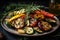 A plate of grilled vegetables with a sprig of rosemary on top. The vegetables should be arranged in an artful way and should be