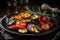 A plate of grilled vegetables with a sprig of rosemary on top. The vegetables should be arranged in an artful way and should be