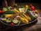 A plate of grilled vegetables on a wooden table. AI generative image