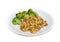 Plate of Hamburger Mac and cheese on a white plate with steamed broccoli