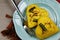 A plate of heart shaped lentil dhokla