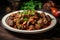 A plate of hearty beef stew with mushrooms and parsley