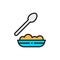 Plate with hiking food, camp food flat color line icon.