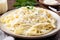 plate of homemade pasta with creamy alfredo sauce and shaved parmesan